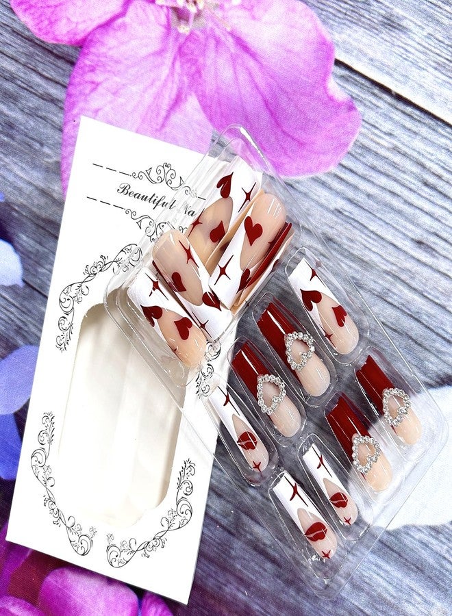 CJDLTS Heart Fake Nails Valentine's Red French Tip Press on Nails Long Red Love Heart Lip Design Acrylic Nails 3D Heart Coffin Nails Square Artificial Nails Full Cover Holiday Stick on Nails for Women - Image 5